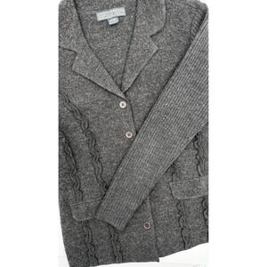 VTG Herman Geist Gray 100% Wool Sweater‎ Jacket with Ruffle Detail Stretch Sz M